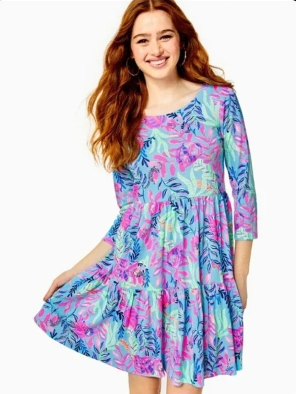 Lilly Pulitzer Geanna Swing Mini Dress in a tropical blue and pink floral print.